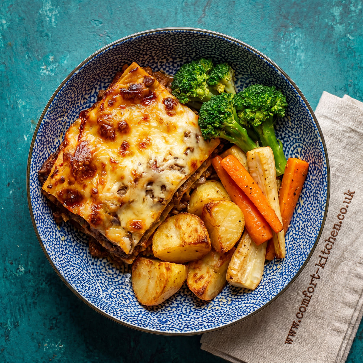 Beef Lasagne with Roast Potatoes and Seasonal Veg