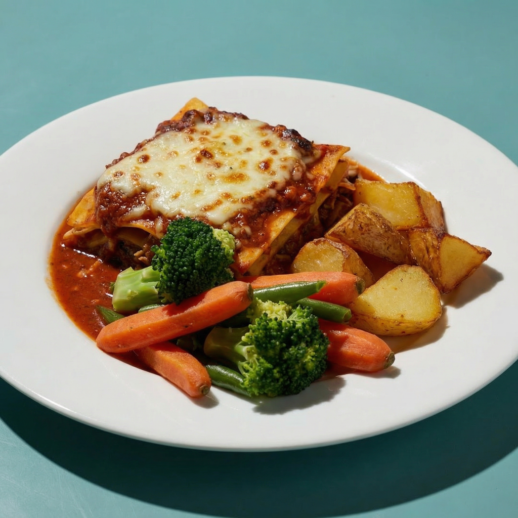 Beef Lasagne with Roast Potatoes and Seasonal Veg