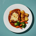 Beef Lasagne with Roast Potatoes and Seasonal Veg