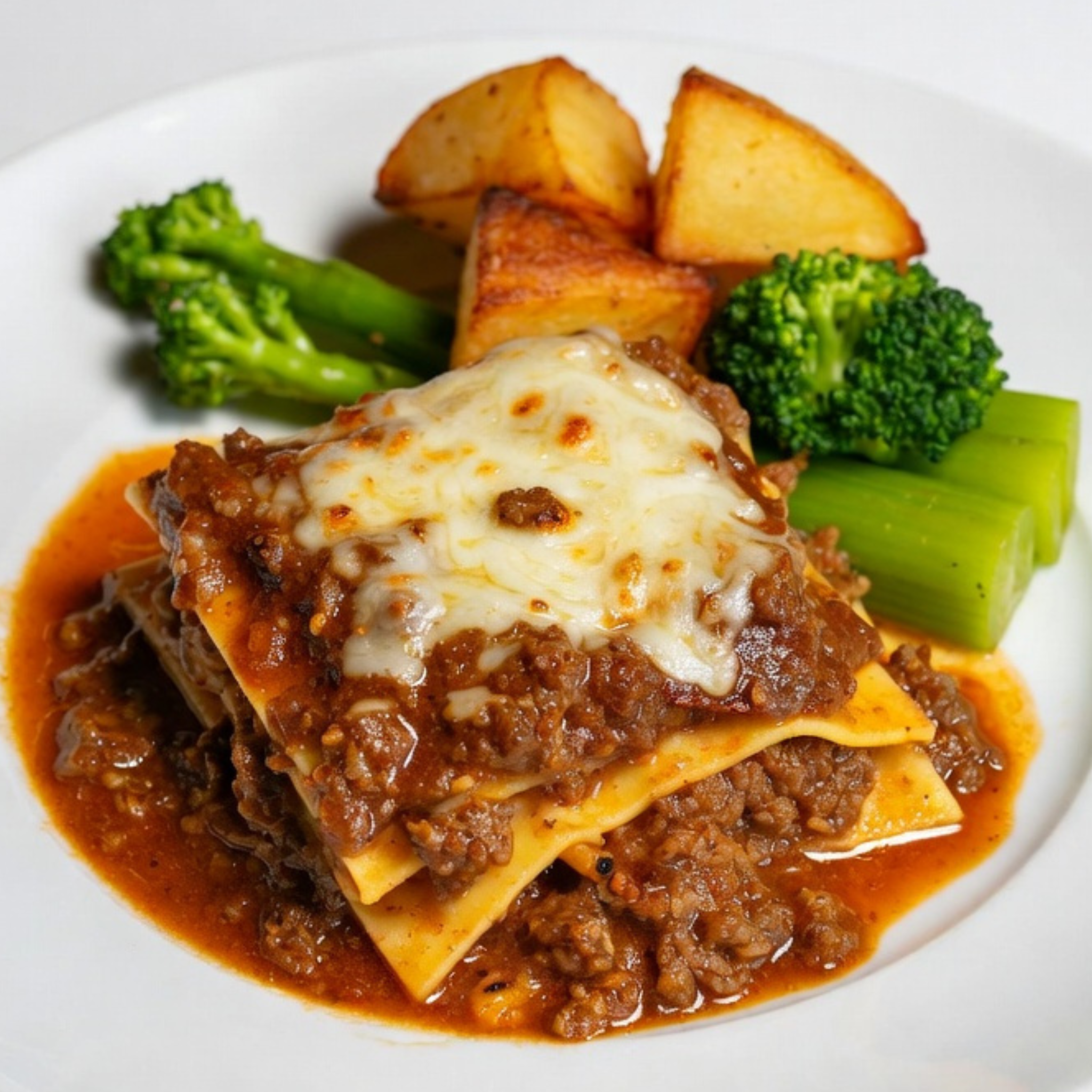 Beef Lasagne with Roast Potatoes and Seasonal Veg