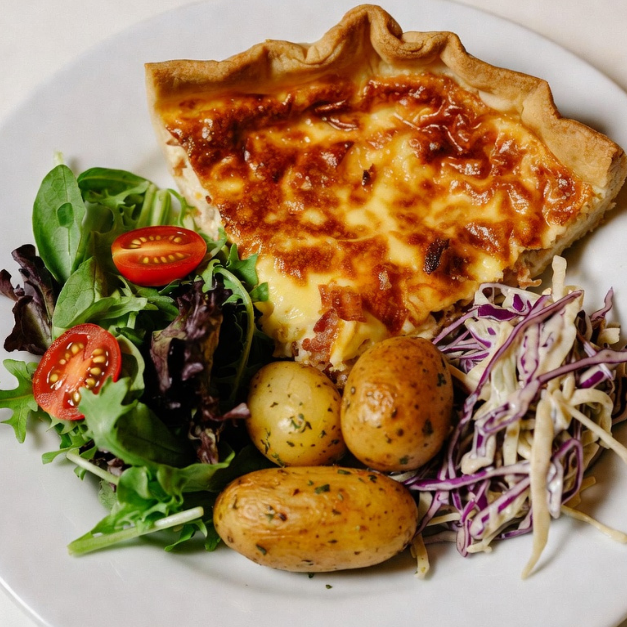 Quiche Lorraine with Salad, Coleslaw & Baby Potatoes