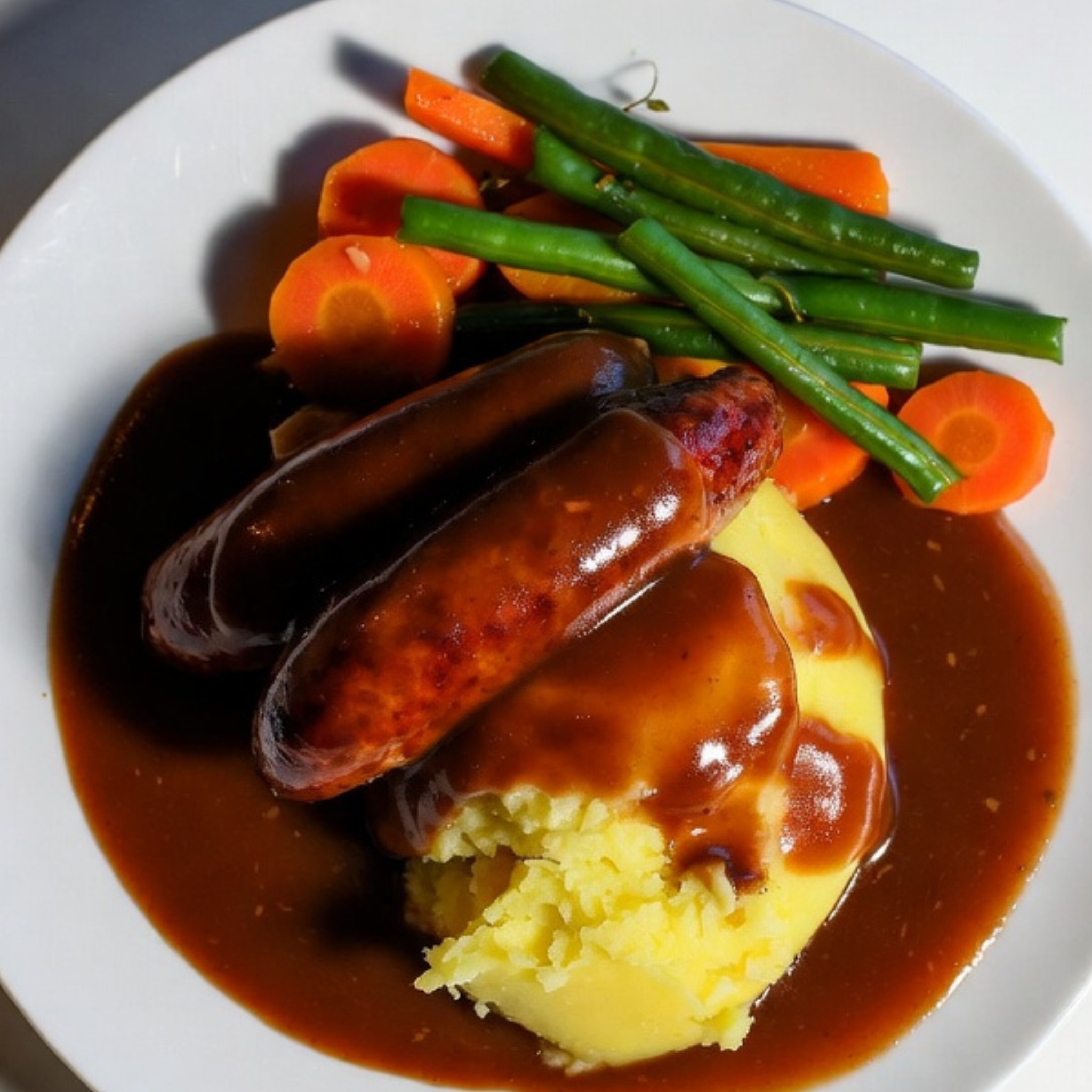 Sausage & Mash, Season Veg and Gravy